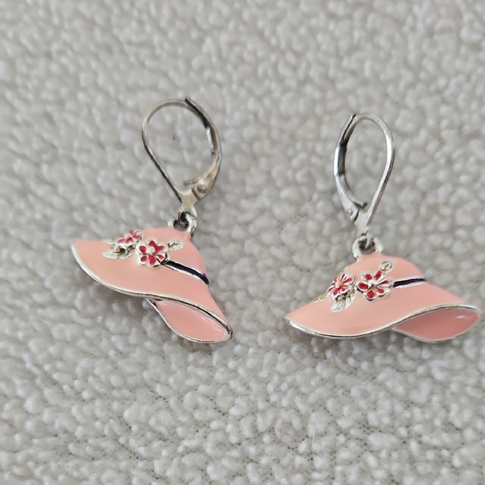 Pink Hat Enamel Pierced Earrings.